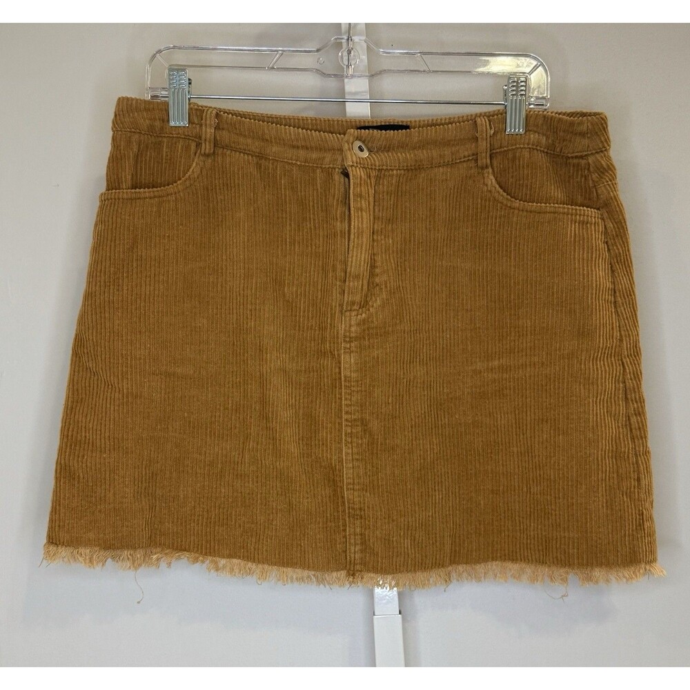 Mittoshop Corduroy Mini Skirt Womens L Brown Tan 100% Cotton Pockets Raw Hem Y2K